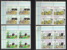 Rwanda 1990 / 1991, Education Alphabétisation School Children Unesco **, MNH, Block Of 4, Corner-Margin - Nuevos