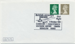 GB SPECIAL EVENT POSTMARKS British Airways CONCORDE First Flight 11 October 1981 LONDON - ABBOTSINCH - HEATHROW AIRPORT - Marcofilie