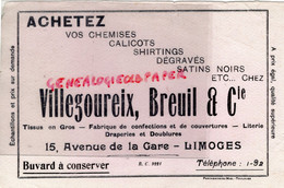 87- LIMOGES- RARE BUVARD VILLEGOUREIX BREUIL-CONFECTION VETEMENTS -15 AVENUE DE LA GARE - PARCHEMINS DU MIDI TOULOUSE - Kleidung & Textil