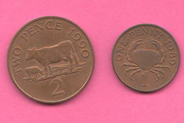 Guernsey 1 Penny 1989 + 2 Pence 1990 Queen Elizabeth Bronze Coin - Guernesey