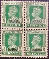 INDIA NABHA STATE 1943, MNH BLOCK OF 4 STAMPS ,9 AS GREEN 058 - Nabha