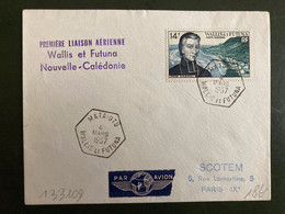 LETTRE TP PERE CHANEL 14F OBL. HEXAGONALE 4 MARS 1957 MATA-UTU + 1ERE LIAISON AERIENNE NOUVELLE-CALEDONIE - Lettres & Documents