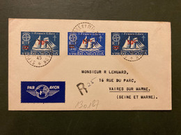 LR Pour La FRANCE TP BATEAU FRANCE LIBRE Surch. 70c + 15F + 50c OBL. Tiretée 29-9 45 ST PIERRE ET MIQUELON - Storia Postale