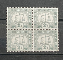 1956 Hong Kong 2c Postage Due Chalk Surfaced Paper Block Of 4 MNH - Unused Stamps