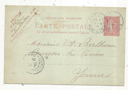 Entier Postal Sur Carte Postale, PARIS 2 R. MILTON,  COURSON LES CARRIERES,YONNE 1905. 3 SCANS - Cartes Postales Types Et TSC (avant 1995)