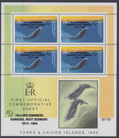 1984. TURKS & CAICOS ISLANDS. Whales Block With 4-block $ 1,10 Overprinted 19TH UPU CON... (Michel 700-BLOCK) - JF527860 - Turks And Caicos