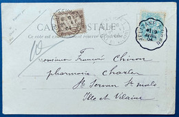 Carte Postale Type Blanc N°111 5c Vert Oblitéré Convoyeur Relizane à Oran 1904 Pour St Servan Taxé N°29 TTB - 1900-29 Blanc