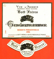 Etiquette + Collerette Neuve De Vin D'alsace Gewurztraminer Réserve Personnelle 1996 Bott Frères à Ribeauvillé - 75 Cl - Gewürztraminer