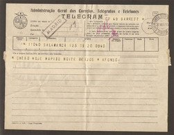 Portugal Télégramme 1953 Cachet Madrid Espagne Telegram Portugal 1953 Mark Madrid Spain - Briefe U. Dokumente