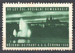 Prague Fountain SOCIAL DEMOCRATIC PARTY Anniv. 1938 Czechoslovakia LABEL CINDERELLA VIGNETTE Church Castle - Otros & Sin Clasificación