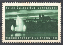 Prague Fountain SOCIAL DEMOCRATIC PARTY Anniv. 1938 Czechoslovakia LABEL CINDERELLA VIGNETTE Church Castle - Sonstige & Ohne Zuordnung