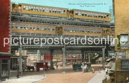 BOWERY AND DOUBLEDECK ELEVATED RAILWAY OLD COLOUR POSTCARD NEW YORK CITY USA AMERICA - Transports