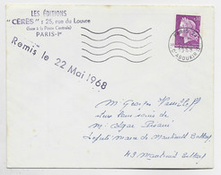 FRANCE CHEFFER 30C LILAS LETTRE PARIS 24 22.5.1968 + GRIFFE REMIS LE 22 MAI 1968 GREVE DE 1968 - Marche Da Bollo