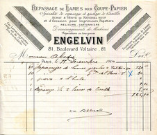 FACTURE.PARIS.REPASSAGEDE LAMES POUR COUPE PAPIER.ANGELVIN 81 BOULEVARD VOLTAIRE.2 PECES. - Printing & Stationeries