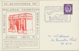 GB SPECIAL EVENT POSTMARKS PHILATELY 1967 The British Philatelic Exhibition Seymour Hall London W.I. - Coach To Left - Marcofilie