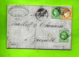 F.2968  1872  Ceres Dentelé 5c. Vert (2 Timbres) Et 15 C. Bistre (1 Timbre) Oblit. Nancy Losange Pour Grenoble  Sur LAC - 1849-1876: Klassik