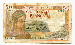 France, 50 Francs, CERES, 22-2-1940, N° : S.12632-065, TB (F), F.18.39 - 50 F 1934-1940 ''Cérès''