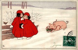 Pauli Ebner Joyeux Noël Enfant Child Bambino Trèfle à 4 Feuilles Lucky Cochon Porc Pig Maiale 猪肉 Cpa Couleur Voyagée 豚肉 - Ebner, Pauli