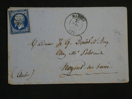 BK18 FRANCE  BELLE  LETTRE  1857 NANTES A NOGENT    ++ N°14 FONCé+CACHET CIRE ROUGE +++ AFFRANCH. INTERESSANT++ - 1853-1860 Napoleon III