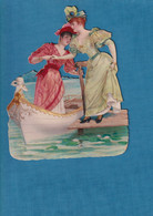 Superbe Chromo Decoupis Carton Gaufré Brillant  Deux Jeunes Femmes Promenade Barque En Très Bel état 16 X 20 Cm - Children