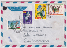 MiNr. 297, 300, 314, 364 Ghana1967, 1. Juni. Freimarken: Nationale Symbole Bedarfsluftpostbrief In Die Schweiz Gelaufen - Ghana (1957-...)