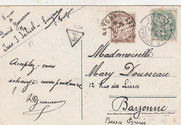 CARTE. 1909. SMYRNE. QUARTEIR ST JEAN. POUR BAYONNE. TAXE 10c EN FRANCE    / 2 - Covers & Documents