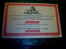 Vieux Papier Buvard  Publicitè  Compagnie D'assurances Générales Sur La Vie Paris Rue Richelieu - C
