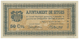 Ayuntamiento De SITGES - Billete Local 50 Centims - 1.6.1937 - Serie B - Emergency Paper Money - Notgeld - Andere & Zonder Classificatie