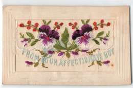 CPA Brodée - Fantaisie - From Your Affectionate Boy - Fleurs Pensées - Enveloppe Avec Mot - Broderie - Bordados