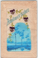 CPA Brodée - Fantaisie - Anniversaire - Pensées - Broderie - - Bordados