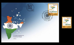 Serbia 2022, 75 Years Of Statehood Of The Republic Of India, Flag, FDC + Stamp, MNH - Enveloppes