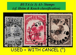 1928/38 BUTA BELGIAN CONGO / CONGO BELGE CANCEL STUDY [B] SELECTION COB 136+176+175 (x 3 STAMPS) TYPE 7A1- - Plaatfouten En Curiosa