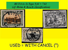 1928/38 BUTA BELGIAN CONGO / CONGO BELGE CANCEL STUDY [D] SELECTION COB 101++173+202 (x 3 STAMPS) TYPE 5A1- + 7A1- - Plaatfouten En Curiosa