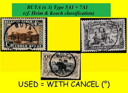 1928/38 BUTA BELGIAN CONGO / CONGO BELGE CANCEL STUDY [D] SELECTION COB 101++173+202 (x 3 STAMPS) TYPE 5A1- + 7A1- - Abarten Und Kuriositäten