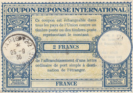 COUPON-REPONSE INTERNATIONAL. FRANCE. INTERNATIONAL REPLY. 2 FRANCS. PARIS 22 1936        /  2 - Reply Coupons