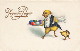 Joyeuses Pâques * Cpa Illustrateur * Poussin Humanisé Portant Des Oeufs Sur Un Plateau - Pasen