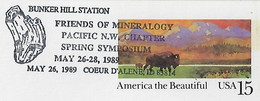 USA 1989 Postal Stationery Card American The Beautiful 15 Cents Cancel Bunker Hill Station Geology Mineral Coeur D'Alene - Minéraux