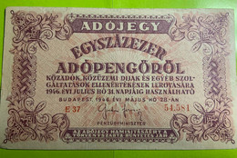 Billet Hongrie 100 Mille Adopengo 1946 - Hongrie