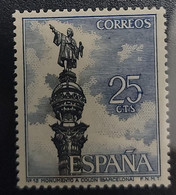 O) 1965 SPAIN, ERROR, PRINT STAIN ON NUMBER 5, COLUMBUS MONUMENT, BARCELONA, SCT 1280 25c Blue And Black, TOURISM, MNH - Variétés & Curiosités
