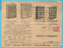 192 Op DRUKWERK (Imprime) "Librairie HOYAUX A FAYT-LEZ-MANAGE" (LAROUSSE) - 1922-1927 Houyoux