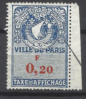 France  Fiscal Affiches Paris  0,20 F Blason Et Devise Paris   Oblitéré  B/TB      Voir Scans  Soldé ! ! ! - Marche Da Bollo