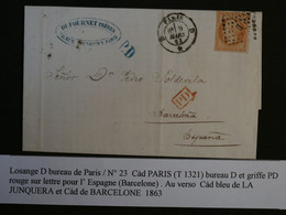 BL3 FRANCE BELLE LETTRE EN PORT PAYé  1863 PARIS  A BARCELONA ESPANA ++  +NAP. N°21 +BATON D +AFFRANCH. INTERESSANT++ - 1862 Napoléon III