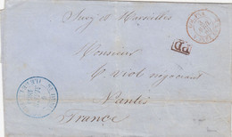 LETTRE. REUNION. 6 MARS 1860. F.PELTIER ST DENIS POUR NANTES. PD. ENTREE COL-FRA V.SUEZ AMB.E.  LYON A PARIS - Storia Postale