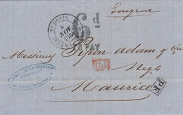 LETTRE. REUNION. 4 NOV 1864. RINGWALD- AUBERT ST DENIS POUR MAURICE. PD. PF. 6dTO PAY. EMYRNE. ARRIVEE MAURITIUS 5 NOV - Storia Postale