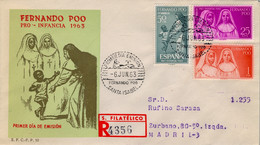 1963 FERNANDO POO , SOBRE DE PRIMER DIA CIRCULADO , LLEGADA AL DORSO , ED. 215 / 217 - PRO INFANCIA  , RELIGIOSAS - Fernando Po