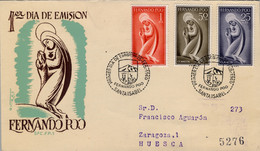 1960 FERNANDO POO , SOBRE DE PRIMER DIA CIRCULADO , ED. 179 , 180 , 182 - IMAGEN DE LA VIRGEN - Fernando Po