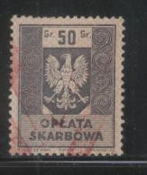 POLAND GENERAL DUTY REVENUE (OPLATA SKARBOWA) 1959 ENGRAVED EAGLE ON SHIELD WITH IMPRINT 50GR GREY-VIOLET USED BF#178 - Fiscales