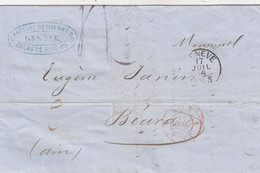 LETTRE. SUISSE. 17 JUIL 1856. CARIERET DEMIERRE GENEVE. POUR BEARD AIN. SUISSE FERNEX 1. TAXE 4 - ...-1845 Préphilatélie