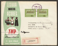 Portugal Premier Vol Lisbonne Santa Maria Açores Recommandée 1962 First Flight Lisbon Azores Registered Cover - Covers & Documents