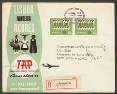 Portugal Premier Vol Lisbonne Santa Maria Açores Recommandée 1962 First Flight Lisbon Azores Registered Cover - Briefe U. Dokumente